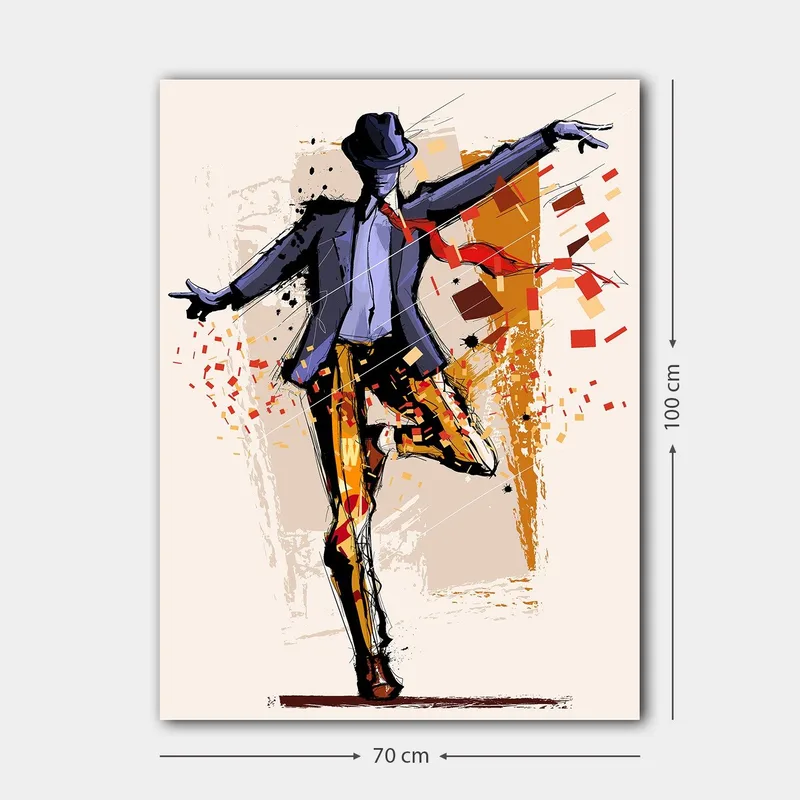 Canvastavla 70x100 cm - Stiliserad dansare i kostym med en hatt som uttrycker rörelse och energi - Mörkblå / Orange / Röd - Inredning - Tavlor & posters - Canvastavla
