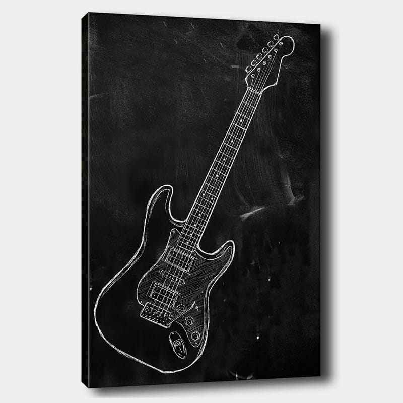 Canvastavla 70x100 cm - Stiliserad elgitarr ritad med krita på en svart bakgrund, Svart / Vit