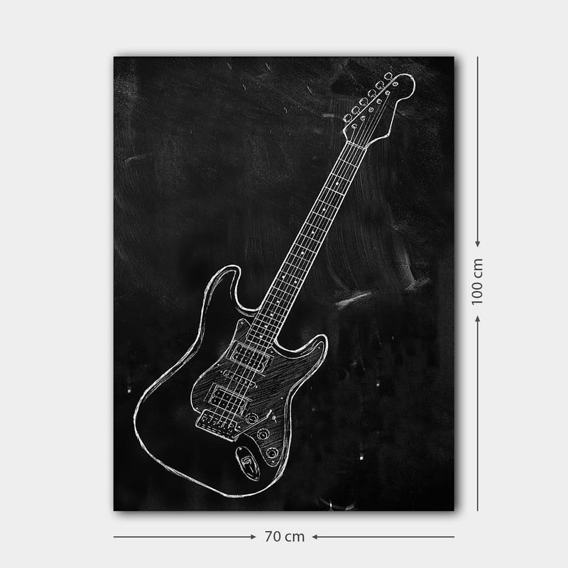 Canvastavla 70x100 cm - Stiliserad elgitarr ritad med krita på en svart bakgrund - Svart / Vit - Inredning - Tavlor & posters - Canvastavla