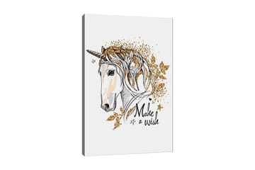 Canvastavla 70x100 cm - Stiliserad enhörning med glittrande detaljer och texten Make a wish - Vit / Guld / Svart - Inredning - Tavlor & posters - Canvastavla