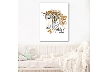 Canvastavla 70x100 cm - Stiliserad enhörning med glittrande detaljer och texten Make a wish - Vit / Guld / Svart - Inredning - Tavlor & posters - Canvastavla