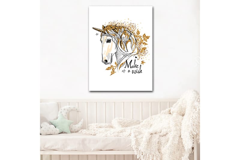 Canvastavla 70x100 cm - Stiliserad enhörning med glittrande detaljer och texten Make a wish - Vit / Guld / Svart - Inredning - Tavlor & posters - Canvastavla
