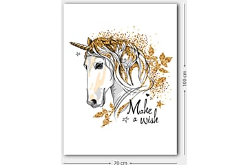 Canvastavla 70x100 cm - Stiliserad enhörning med glittrande detaljer och texten Make a wish - Vit / Guld / Svart - Inredning - Tavlor & posters - Canvastavla