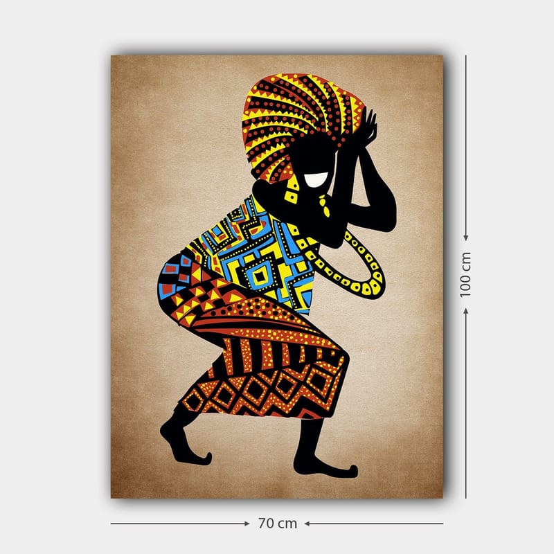 Canvastavla 70x100 cm - Stiliserad figur med färgglada mönster som dansar med en stor huvudprydnad - Svart / Röd / Blå - Inredning - Tavlor & posters - Canvastavla