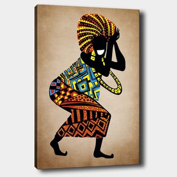 Canvastavla 70x100 cm - Stiliserad figur med färgglada mönster som dansar med en stor huvudprydnad - Svart / Röd / Blå - Inredning - Tavlor & posters - Canvastavla