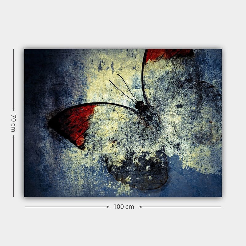 Canvastavla 70x100 cm - Stiliserad fjäril med röda vingar mot en grå och blå bakgrund - Röd / Grå / Blå - Inredning - Tavlor & posters - Canvastavla