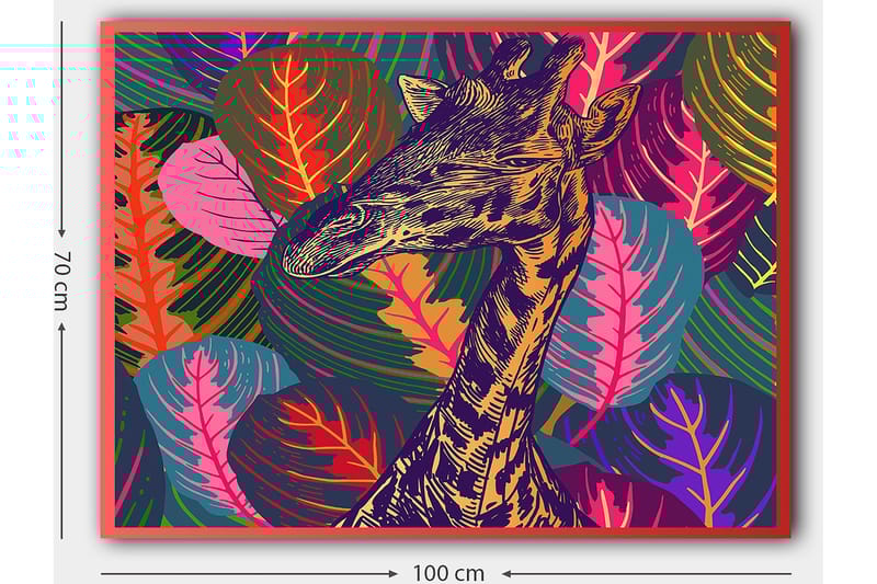 Canvastavla 70x100 cm - Stiliserad giraff omgiven av färgglada lövverk - Lila / Grön / Orange - Inredning - Tavlor & posters - Canvastavla