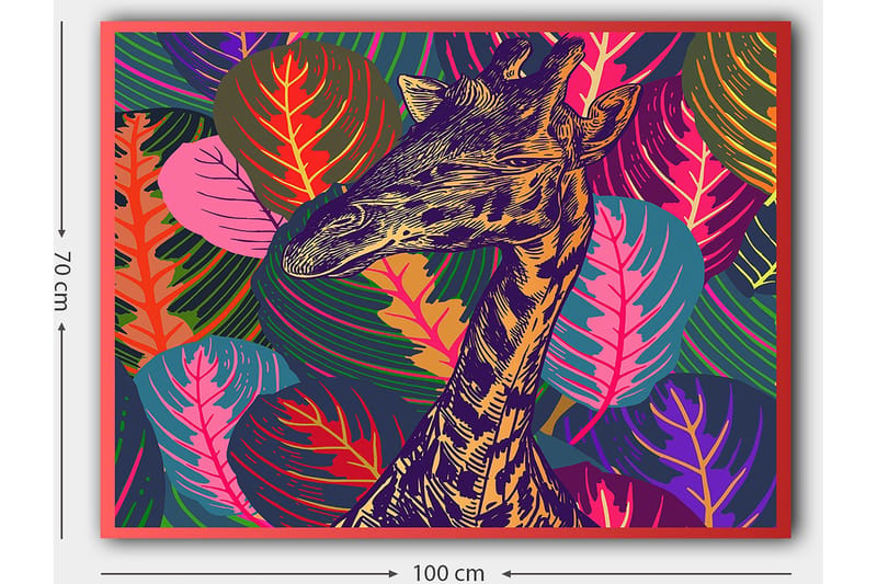 Canvastavla 70x100 cm - Stiliserad giraff omgiven av färgglada lövverk - Lila / Grön / Orange - Inredning - Tavlor & posters - Canvastavla