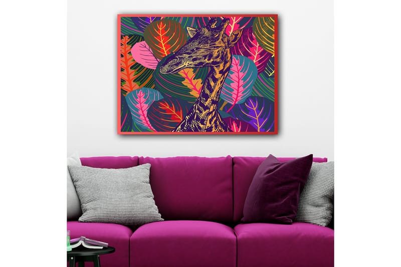 Canvastavla 70x100 cm - Stiliserad giraff omgiven av färgglada lövverk - Lila / Grön / Orange - Inredning - Tavlor & posters - Canvastavla