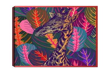 Canvastavla 70x100 cm - Stiliserad giraff omgiven av färgglada lövverk - Lila / Grön / Orange - Inredning - Tavlor & posters - Canvastavla