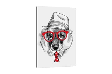 Canvastavla 70x100 cm - Stiliserad hund i klädd hatt och glasögon, med en röd slips som har vita prickar - Röd / Svart / Vit - Inredning - Tavlor & posters - Canvastavla