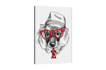 Canvastavla 70x100 cm - Stiliserad hund i klädd hatt och glasögon, med en röd slips som har vita prickar - Röd / Svart / Vit - Inredning - Tavlor & posters - Canvastavla