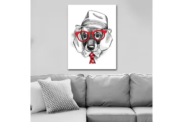 Canvastavla 70x100 cm - Stiliserad hund i klädd hatt och glasögon, med en röd slips som har vita prickar - Röd / Svart / Vit - Inredning - Tavlor & posters - Canvastavla