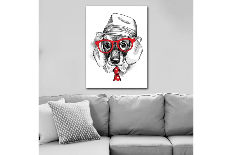 Canvastavla 70x100 cm - Stiliserad hund i klädd hatt och glasögon, med en röd slips som har vita prickar - Röd / Svart / Vit - Inredning - Tavlor & posters - Canvastavla