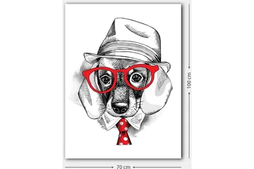 Canvastavla 70x100 cm - Stiliserad hund i klädd hatt och glasögon, med en röd slips som har vita prickar - Röd / Svart / Vit - Inredning - Tavlor & posters - Canvastavla