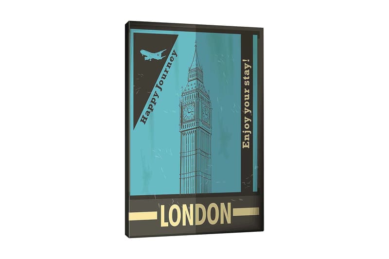 Canvastavla 70x100 cm - Stiliserad illustration av Big Ben med en retro reseinspirerad design, Turkos / Svart / Guld