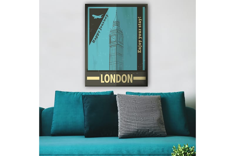 Canvastavla 70x100 cm - Stiliserad illustration av Big Ben med en retro reseinspirerad design - Turkos / Svart / Guld - Inredning - Tavlor & posters - Canvastavla