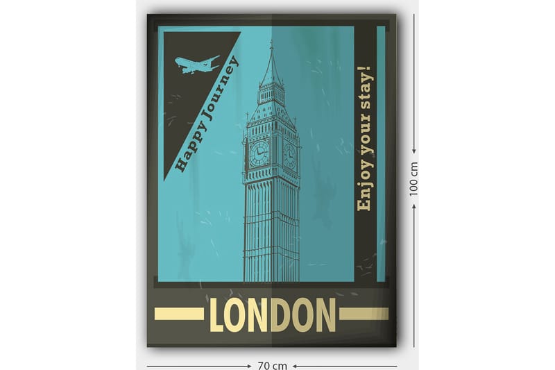 Canvastavla 70x100 cm - Stiliserad illustration av Big Ben med en retro reseinspirerad design - Turkos / Svart / Guld - Inredning - Tavlor & posters - Canvastavla