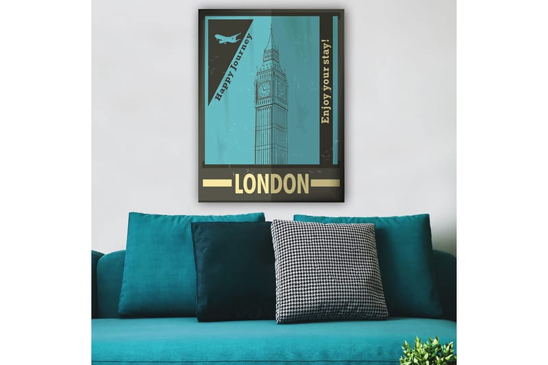 Canvastavla 70x100 cm - Stiliserad illustration av Big Ben med en retro reseinspirerad design - Turkos / Svart / Guld - Inredning - Tavlor & posters - Canvastavla