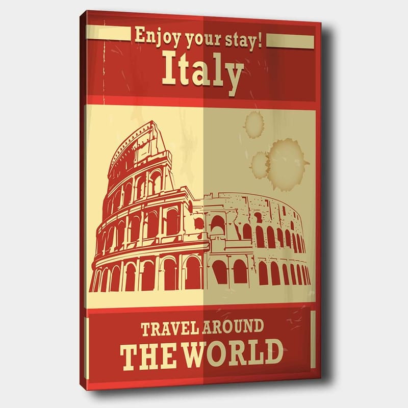 Canvastavla 70x100 cm - Stiliserad illustration av Colosseum i Rom med en röd och beige färgpalett - Röd / Beige - Inredning - Tavlor & posters - Canvastavla