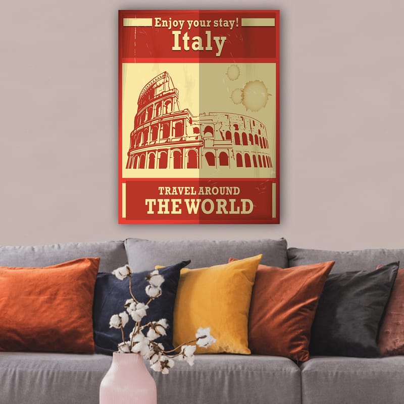 Canvastavla 70x100 cm - Stiliserad illustration av Colosseum i Rom med en röd och beige färgpalett - Röd / Beige - Inredning - Tavlor & posters - Canvastavla