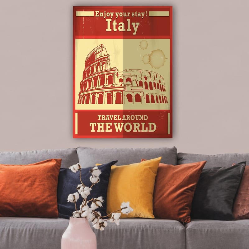 Canvastavla 70x100 cm - Stiliserad illustration av Colosseum i Rom med en röd och beige färgpalett - Röd / Beige - Inredning - Tavlor & posters - Canvastavla