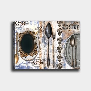 Canvastavla 70x100 cm - Stiliserad kaffekopp med bestick och text som framhäver kaffets olika varianter - Svart / Guld / Grå - Inredning - Tavlor & posters - Canvastavla