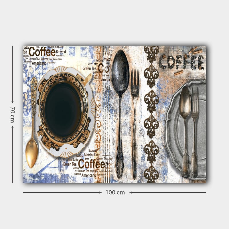 Canvastavla 70x100 cm - Stiliserad kaffekopp med bestick och text som framhäver kaffets olika varianter - Svart / Guld / Grå - Inredning - Tavlor & posters - Canvastavla