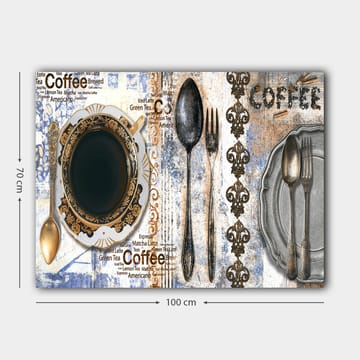 Canvastavla 70x100 cm - Stiliserad kaffekopp med bestick och text som framhäver kaffets olika varianter - Svart / Guld / Grå - Inredning - Tavlor & posters - Canvastavla