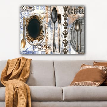 Canvastavla 70x100 cm - Stiliserad kaffekopp med bestick och text som framhäver kaffets olika varianter - Svart / Guld / Grå - Inredning - Tavlor & posters - Canvastavla