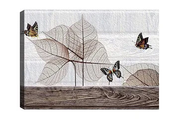 Canvastavla 70x100 cm - Stiliserad komposition av fjärilar som svävar över genomskinliga blad på en träyta - Beige / Brun / Svart - Inredning - Tavlor & posters - Canvastavla