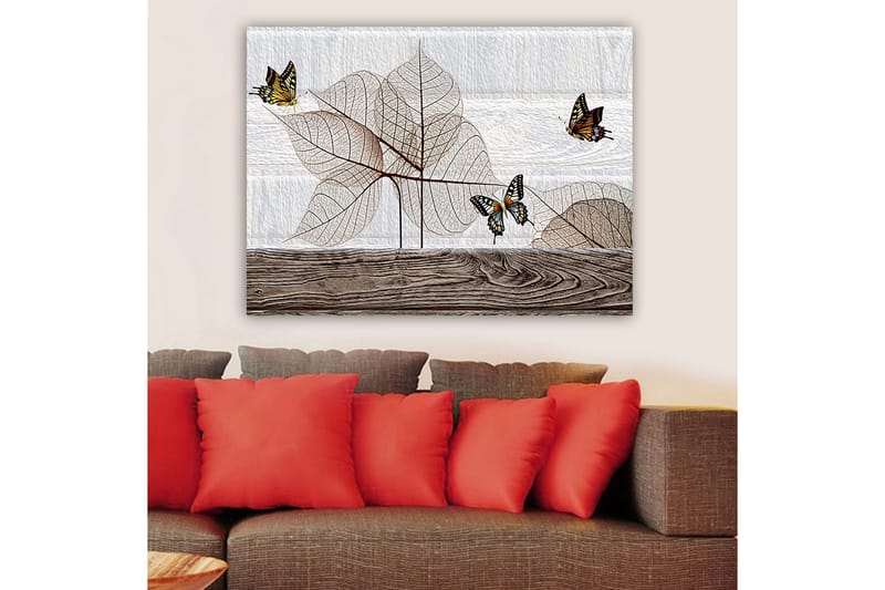 Canvastavla 70x100 cm - Stiliserad komposition av fjärilar som svävar över genomskinliga blad på en träyta - Beige / Brun / Svart - Inredning - Tavlor & posters - Canvastavla