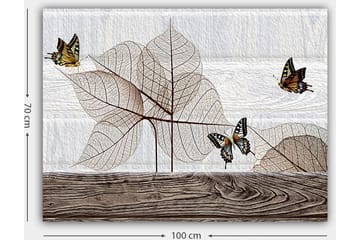 Canvastavla 70x100 cm - Stiliserad komposition av fjärilar som svävar över genomskinliga blad på en träyta - Beige / Brun / Svart - Inredning - Tavlor & posters - Canvastavla