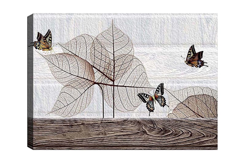 Canvastavla 70x100 cm - Stiliserad komposition av fjärilar som svävar över genomskinliga blad på en träyta, Beige / Brun / Svart