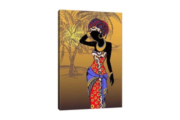 Canvastavla 70x100 cm - Stiliserad kvinna i färgglad klädsel som poserar med en hand vid ansiktet - Röd / Blå / Svart - Inredning - Tavlor & posters - Canvastavla