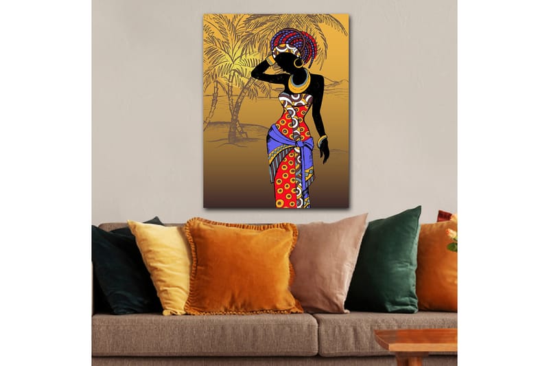 Canvastavla 70x100 cm - Stiliserad kvinna i färgglad klädsel som poserar med en hand vid ansiktet - Röd / Blå / Svart - Inredning - Tavlor & posters - Canvastavla