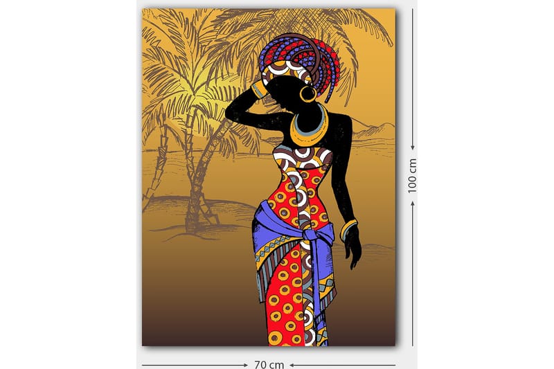 Canvastavla 70x100 cm - Stiliserad kvinna i färgglad klädsel som poserar med en hand vid ansiktet - Röd / Blå / Svart - Inredning - Tavlor & posters - Canvastavla