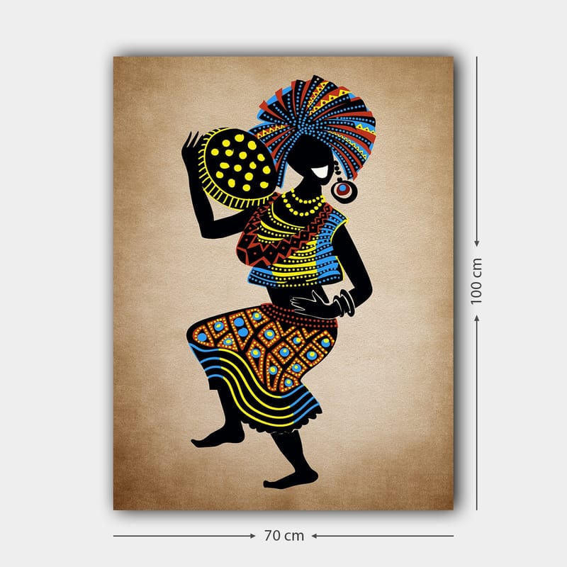 Canvastavla 70x100 cm - Stiliserad kvinna i traditionell klädsel som bär en stor huvudbonad och en skål med prickar - Svart / Blå / Orange - Inredning - Tavlor & posters - Canvastavla