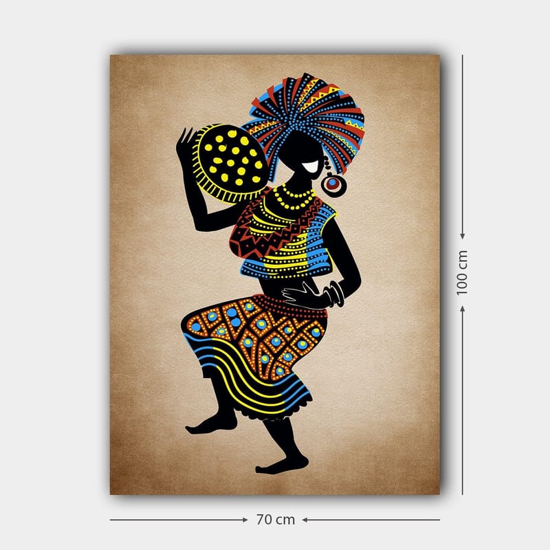 Canvastavla 70x100 cm - Stiliserad kvinna i traditionell klädsel som bär en stor huvudbonad och en skål med prickar - Svart / Blå / Orange - Inredning - Tavlor & posters - Canvastavla