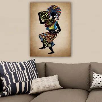 Canvastavla 70x100 cm - Stiliserad kvinna i traditionell klädsel som bär en stor huvudbonad och en skål med prickar - Svart / Blå / Orange - Inredning - Tavlor & posters - Canvastavla