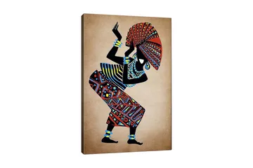 Canvastavla 70x100 cm - Stiliserad kvinna i traditionella kläder som dansar med en stor hatt - Röd / Blå / Svart - Inredning - Tavlor & posters - Canvastavla