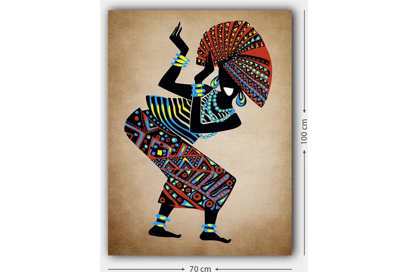 Canvastavla 70x100 cm - Stiliserad kvinna i traditionella kläder som dansar med en stor hatt - Röd / Blå / Svart - Inredning - Tavlor & posters - Canvastavla