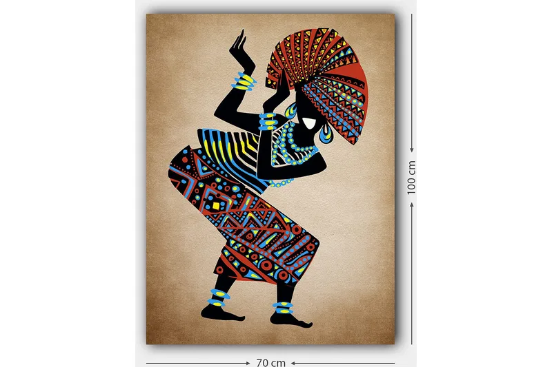 Canvastavla 70x100 cm - Stiliserad kvinna i traditionella kläder som dansar med en stor hatt - Röd / Blå / Svart - Inredning - Tavlor & posters - Canvastavla