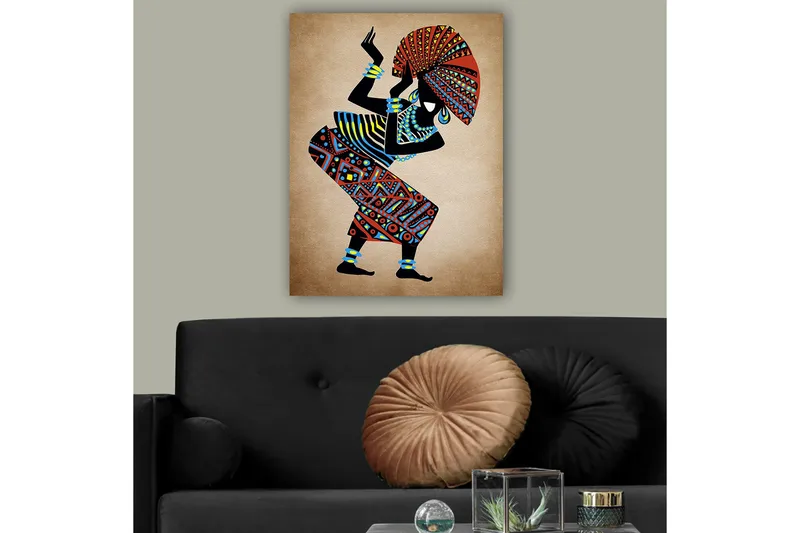 Canvastavla 70x100 cm - Stiliserad kvinna i traditionella kläder som dansar med en stor hatt - Röd / Blå / Svart - Inredning - Tavlor & posters - Canvastavla