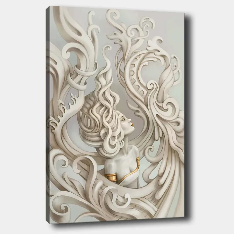 Canvastavla 70x100 cm - Stiliserad kvinna med böljande hår omgiven av dekorativa svängningar och former, Ljusgrå / Beige / Vit