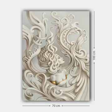 Canvastavla 70x100 cm - Stiliserad kvinna med böljande hår omgiven av dekorativa svängningar och former - Ljusgrå / Beige / Vit - Inredning - Tavlor & posters - Canvastavla
