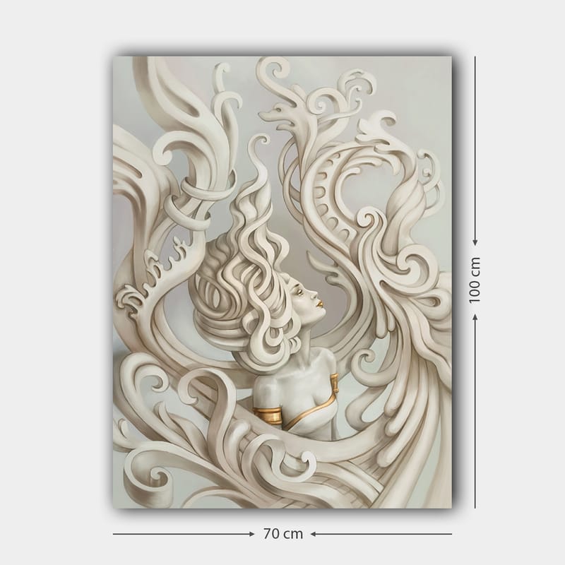 Canvastavla 70x100 cm - Stiliserad kvinna med böljande hår omgiven av dekorativa svängningar och former - Ljusgrå / Beige / Vit - Inredning - Tavlor & posters - Canvastavla