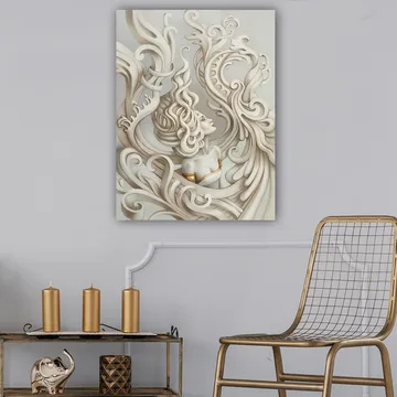 Canvastavla 70x100 cm - Stiliserad kvinna med böljande hår omgiven av dekorativa svängningar och former - Ljusgrå / Beige / Vit - Inredning - Tavlor & posters - Canvastavla