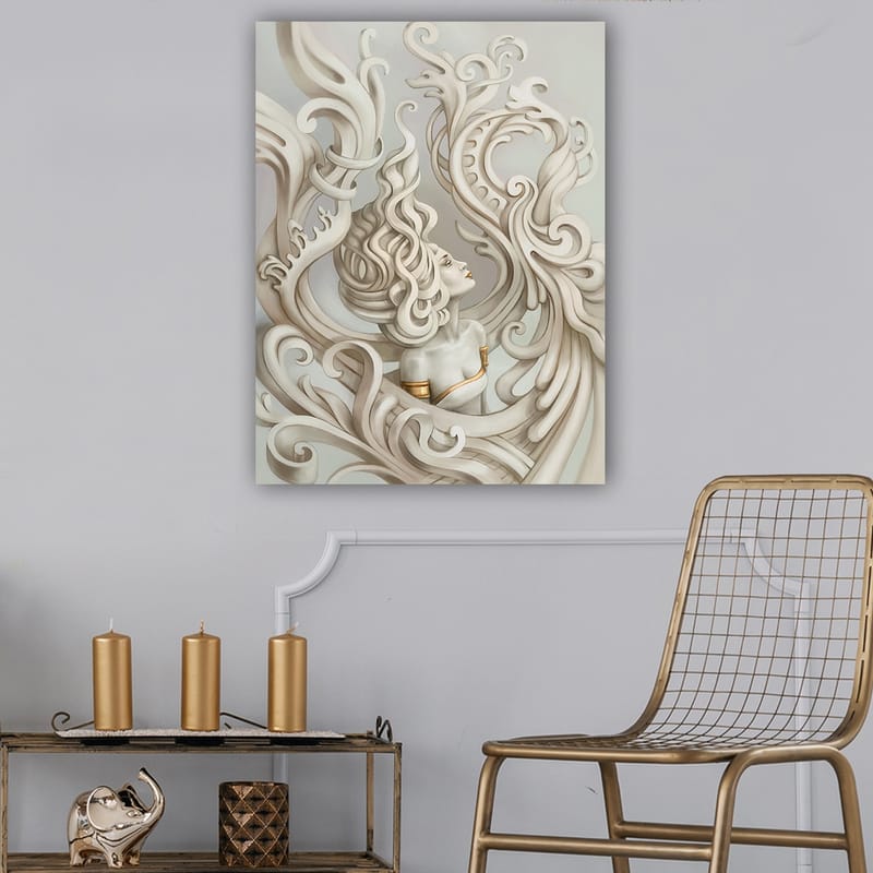 Canvastavla 70x100 cm - Stiliserad kvinna med böljande hår omgiven av dekorativa svängningar och former - Ljusgrå / Beige / Vit - Inredning - Tavlor & posters - Canvastavla