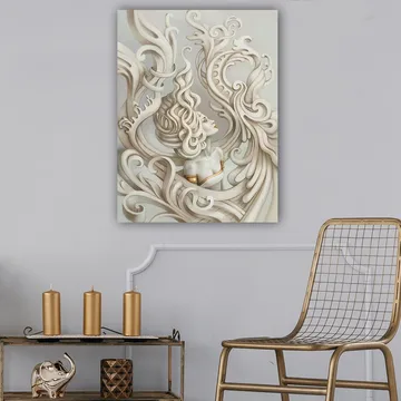 Canvastavla 70x100 cm - Stiliserad kvinna med böljande hår omgiven av dekorativa svängningar och former - Ljusgrå / Beige / Vit - Inredning - Tavlor & posters - Canvastavla